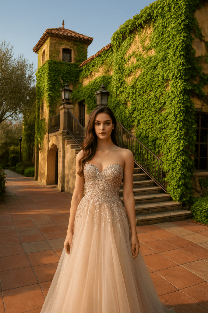 Mujer posando delante del torreón de la Quinta de Jarama