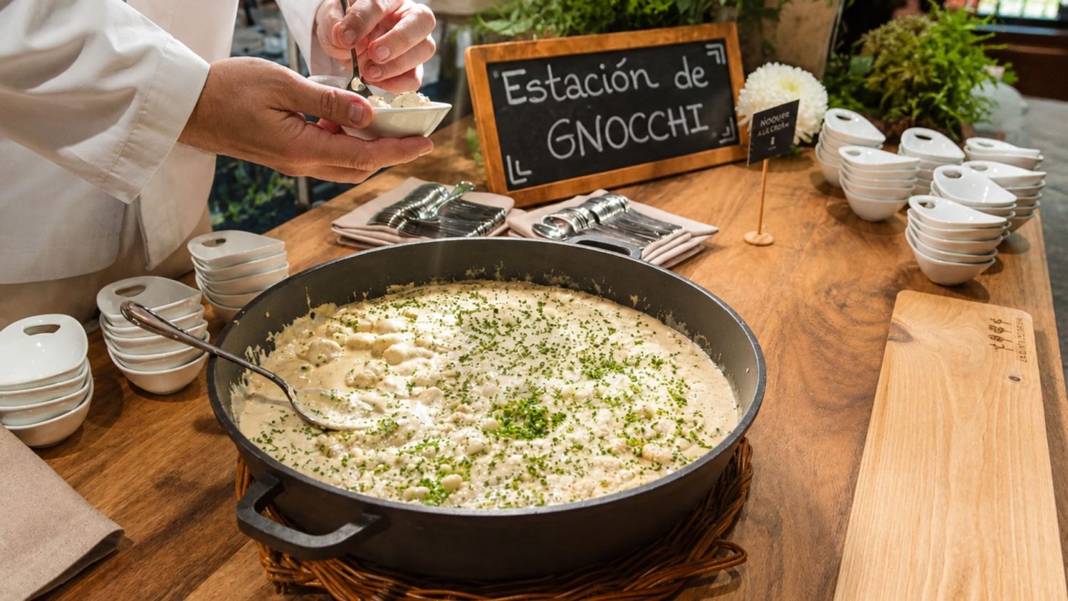 Estación de gnocchi con salsa de colmenillas para bodas y eventos en La Quinta de Jarama.